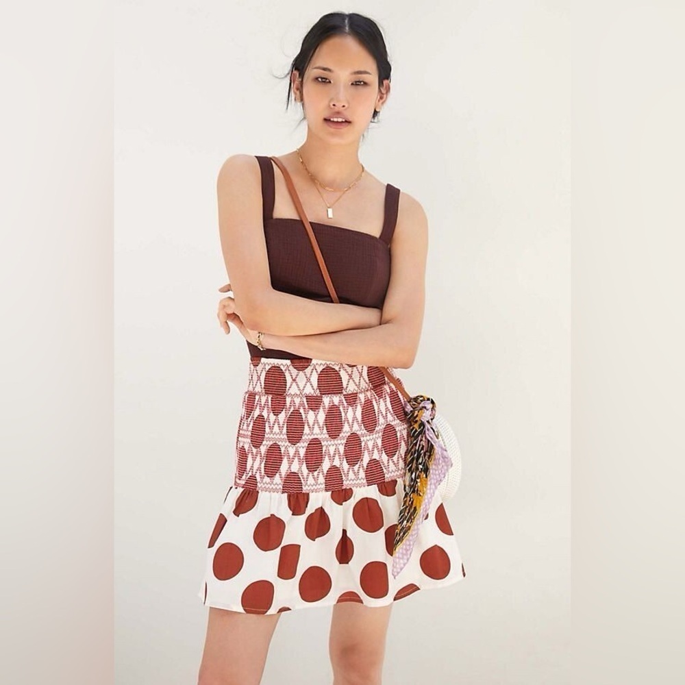 Anthropologie Maeve Falda Smocked Mini Polka Dot 100% Cotton Skirt / Size Small